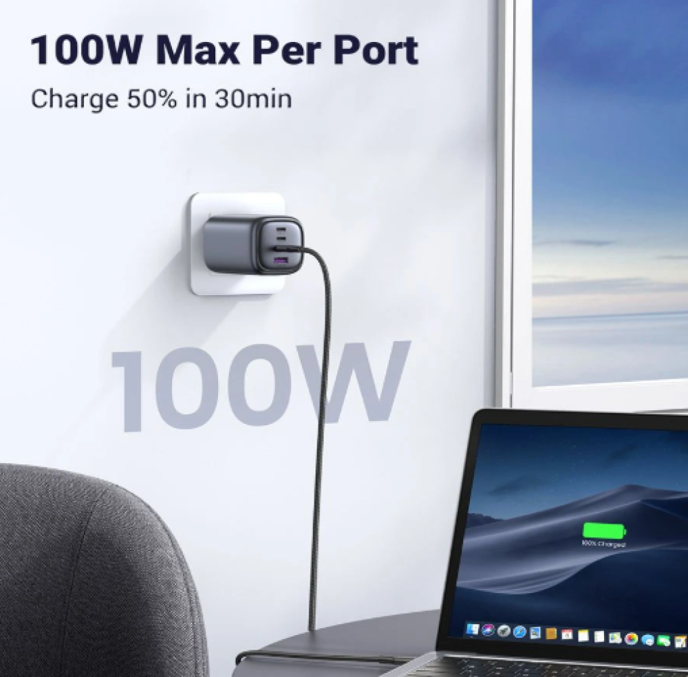 شاحن جداري يوجرين بثلاث منافذ PD وبمنفذ USB بتقنية GaN وبقوة 100 واط - رمادي