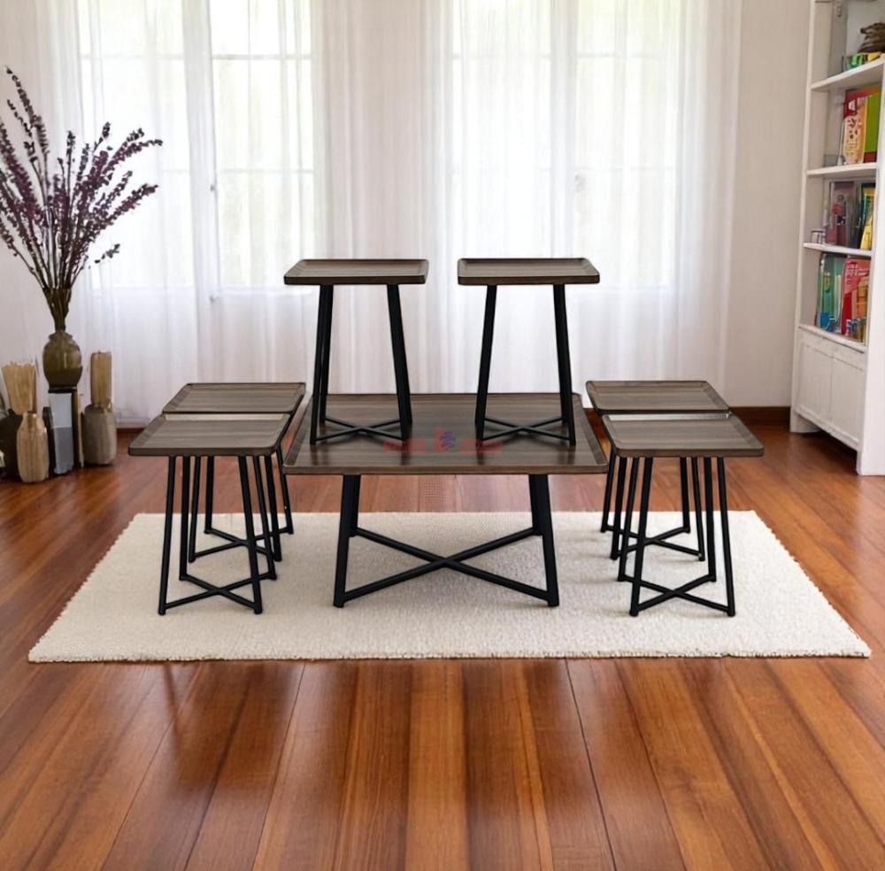 طقم طاولات مربع 7 قطع خشبي