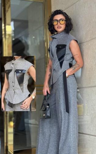 بدلة صوف خريفية مزينة بالجلد