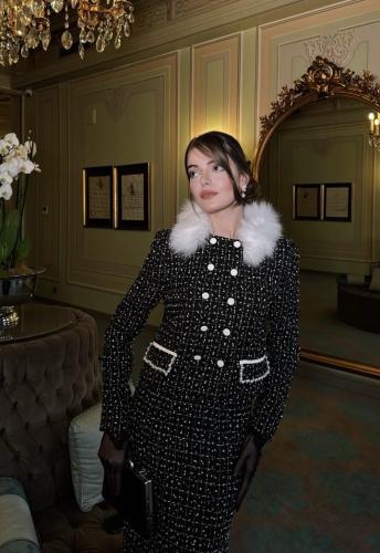 FABE طقم تويد بياقة فراء قابلة للإزالة