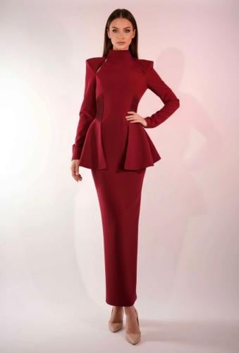 فستان كريب بدرابيه على الخصر "عنابي"