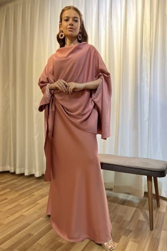 CYDA طقم حرير كريب بشك على الأكمام “وردي"