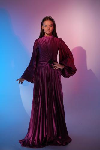 فستان حرير بليسيه بشك على الخصر "موف"