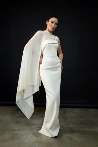 CIRCES فستان كريب بوشاح شيفون وفيونكة على الظهر