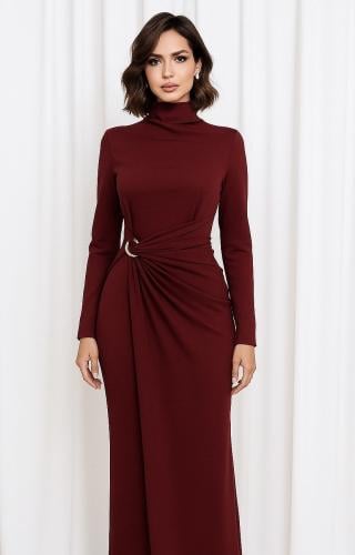 فستان ستريتش بربطة خصر وعنق عالي