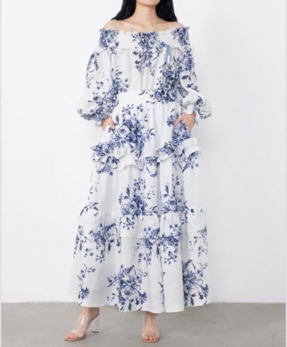 GIZIA طقم لينن بلوزة وتنورة مشجر