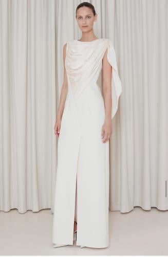 MELTEM فستان كريب كت بثنيات حرير على الصدر والكتف