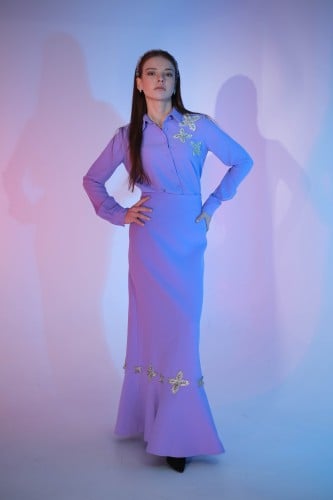 BIRGUL طقم ماكسي كريب مطرز "فوشي"