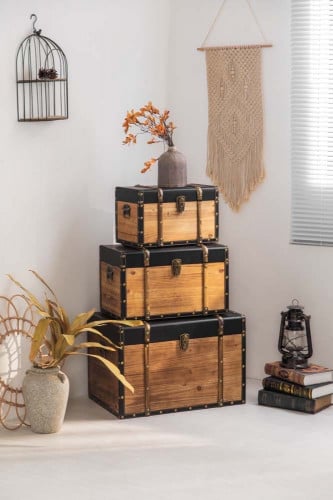 طقم صناديق خشبي مطعم بالجلد الاسود