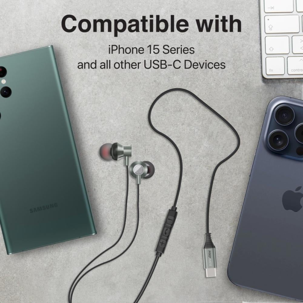 جودة صوت عالية الدقة مع سماعات ستيريو سلكية داخل الأذن، المزودة بمنفذ USB-C لاتصال متميز مع تصميم مريح وملائم يجعلها مثالية للاستخدام اليومي مع جميع أجهزتك المحمولة والأجهزة اللوحية - Promate Silken-C