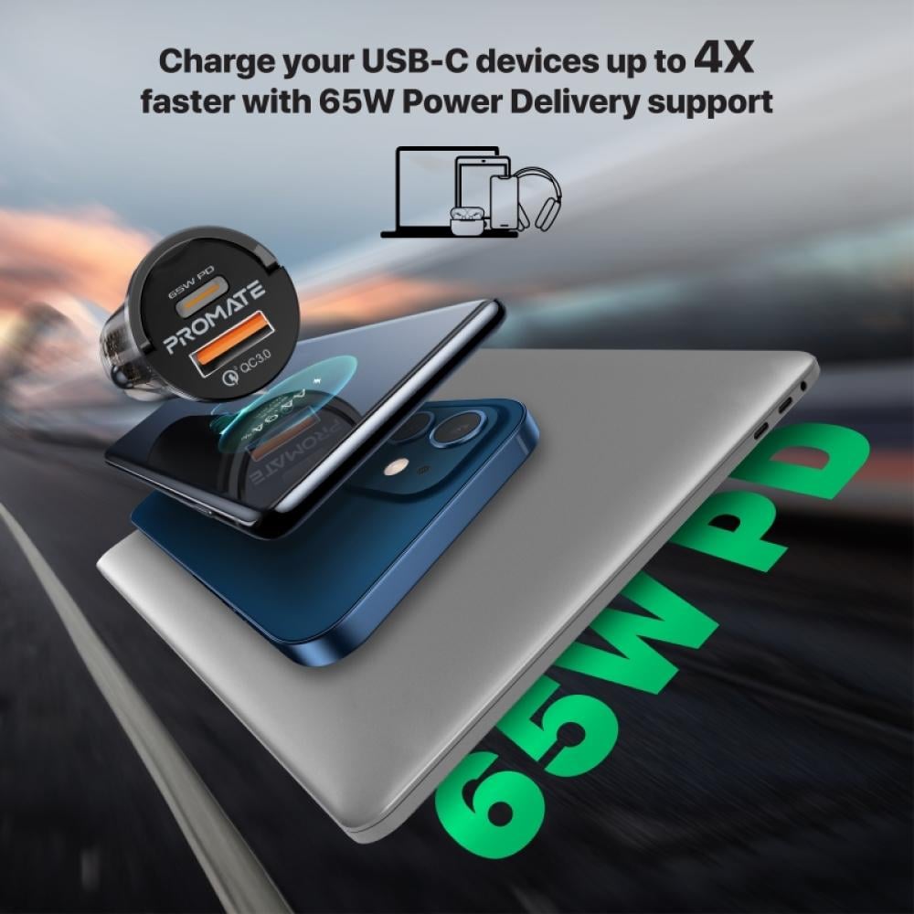 شاحن سيارة فعّال ومدمج بتصميم شفاف يتميز بمنفذ USB-C بقوة 65 واط للأجهزة اللوحية والكمبيوترات المحمولة بالإضافة إلى منفذ شحن سريع QC 3.0 بقوة 18 واط للأجهزة المتوافقة مع تصميم صغير الحجم وسهل الحمل - Promate TransDrive-65W