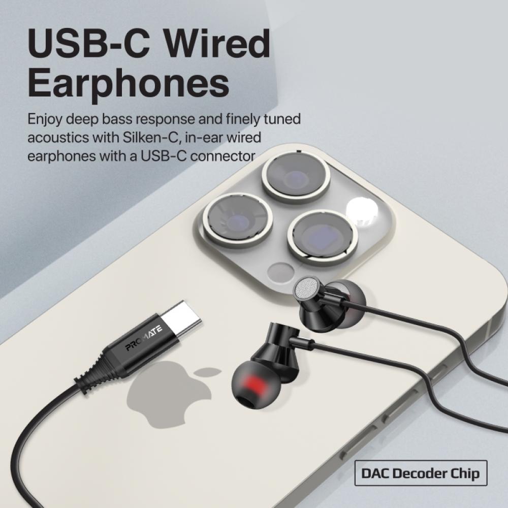 جودة صوت عالية الدقة مع سماعات ستيريو سلكية داخل الأذن، المزودة بمنفذ USB-C لاتصال متميز مع تصميم مريح وملائم يجعلها مثالية للاستخدام اليومي مع جميع أجهزتك المحمولة والأجهزة اللوحية - Promate Silken-C