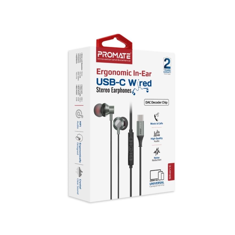 جودة صوت عالية الدقة مع سماعات ستيريو سلكية داخل الأذن، المزودة بمنفذ USB-C لاتصال متميز مع تصميم مريح وملائم يجعلها مثالية للاستخدام اليومي مع جميع أجهزتك المحمولة والأجهزة اللوحية - Promate Silken-C