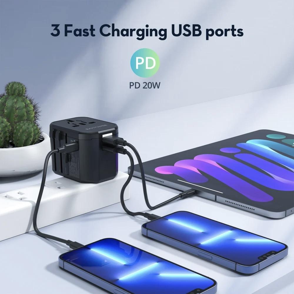 فيش سفر راف باور بقوة 20 واط متعدد المداخل مع منفذين USB ومنفذ تايب سي - اسود