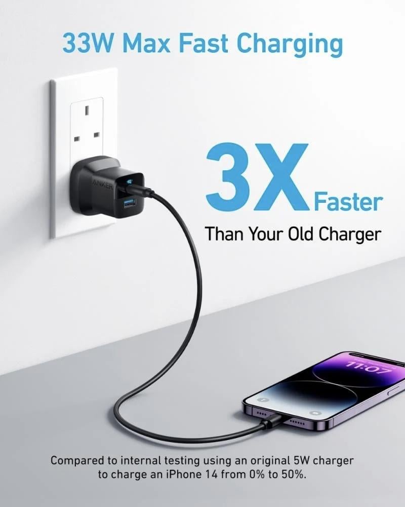 شاحن جداري نكر 323 بقوة 33 واط بمنفذ تايب سي ومنفذ USB-A مع سلك تايب سي - اسود