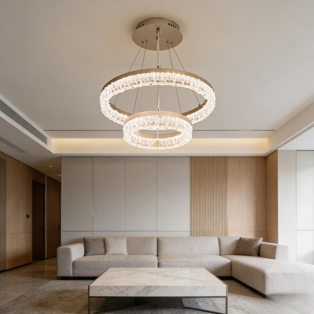 ثريا مودرن حلقات كريستال دبل LED ثلاثية الألوان - ذهبي