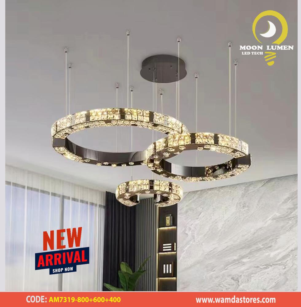 ثريا لمعة الماس كريستال ثلاث حلقات ثلاث إضاءات LED بتصميم عصري للمجالس والصالات