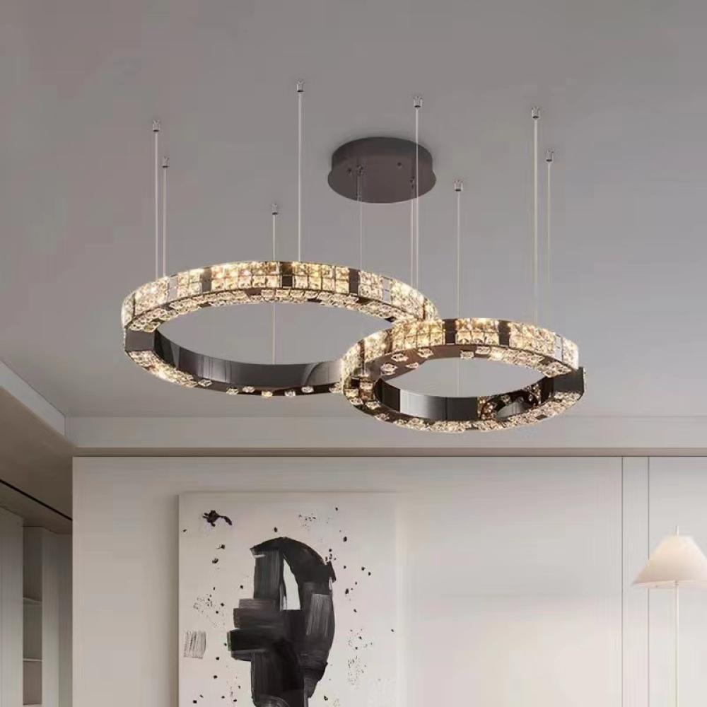 ثريا لمعة الماس كريستال حلقتين ثلاث إضاءات LED بتصميم عصري للمجالس وغرف المعيشة