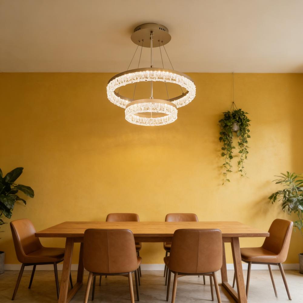 ثريا مودرن حلقات كريستال دبل LED ثلاثية الألوان - ذهبي