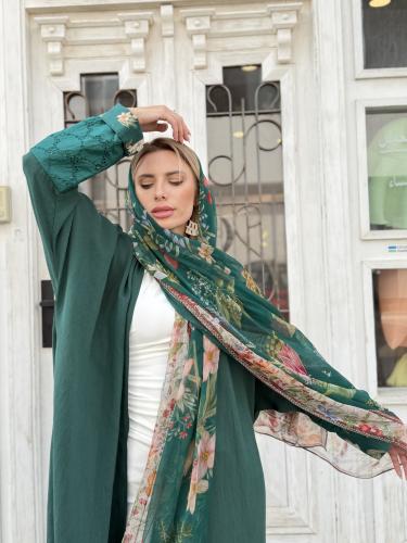 عباية بليند بأكمام وطرحة مشجرة -أخضر