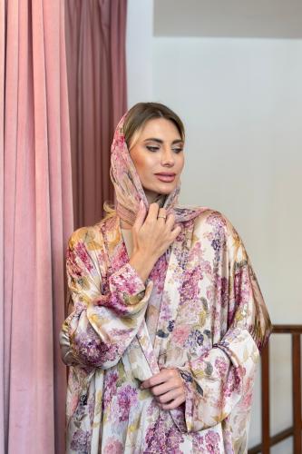 عباية وطرحة حرير طبيعي مشجر - وردي