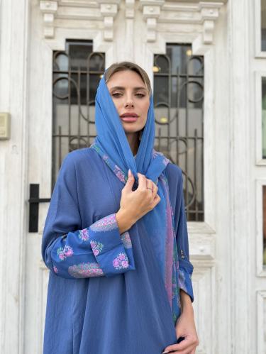 عباية بليند بأكمام وطرحة مشجرة - أزرق فاتح