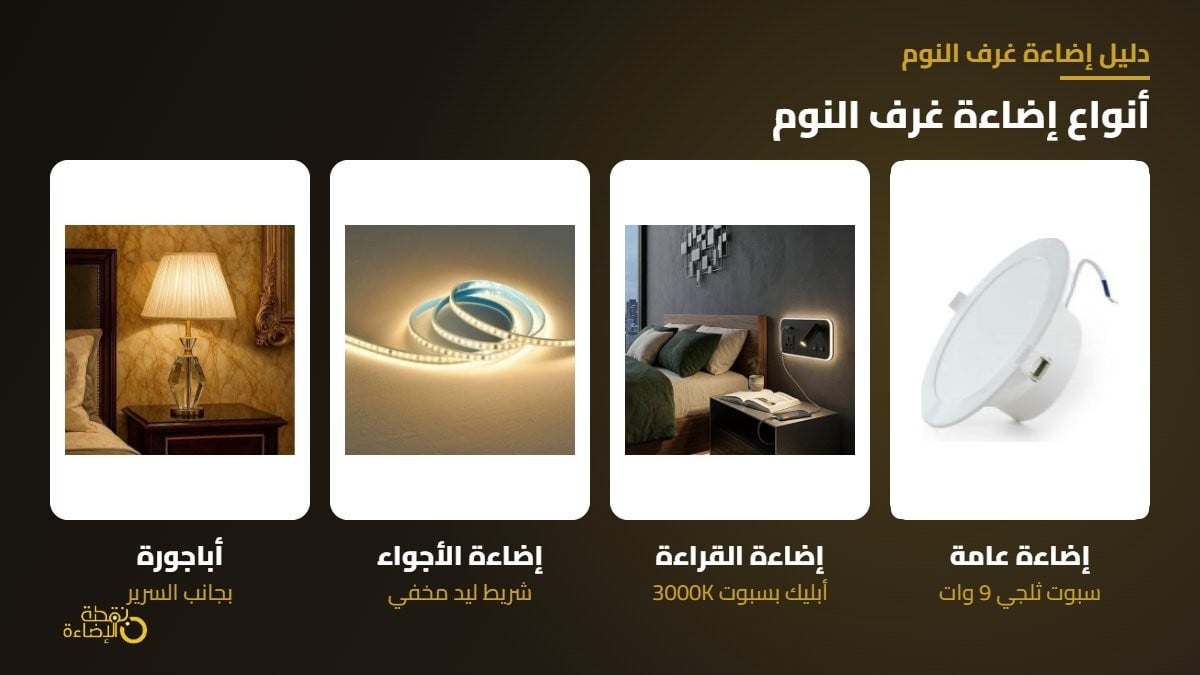 انواع اضاءة غرف النوم سبوت لايت ومخفي وابليك واباجورة