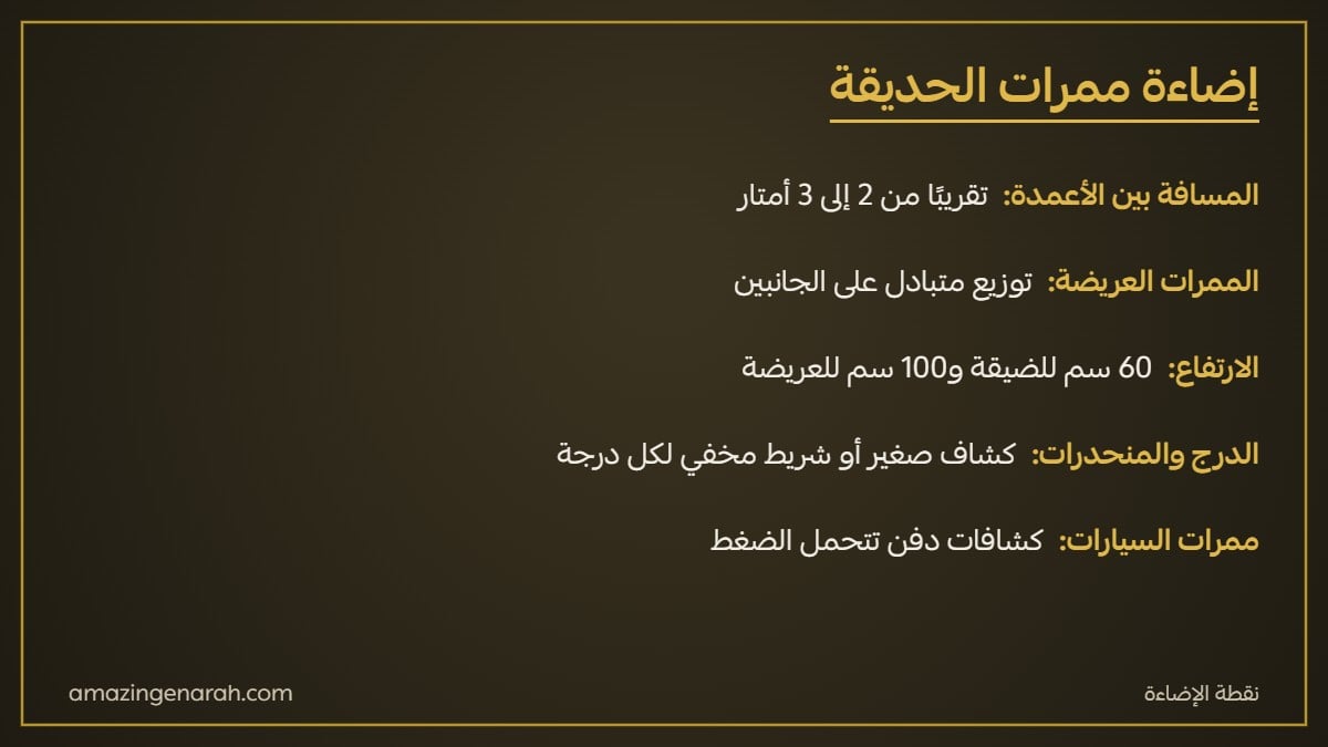 إضاءة ممرات الحدائق المسافات بين أعمدة الإنارة وطريقة التوزيع