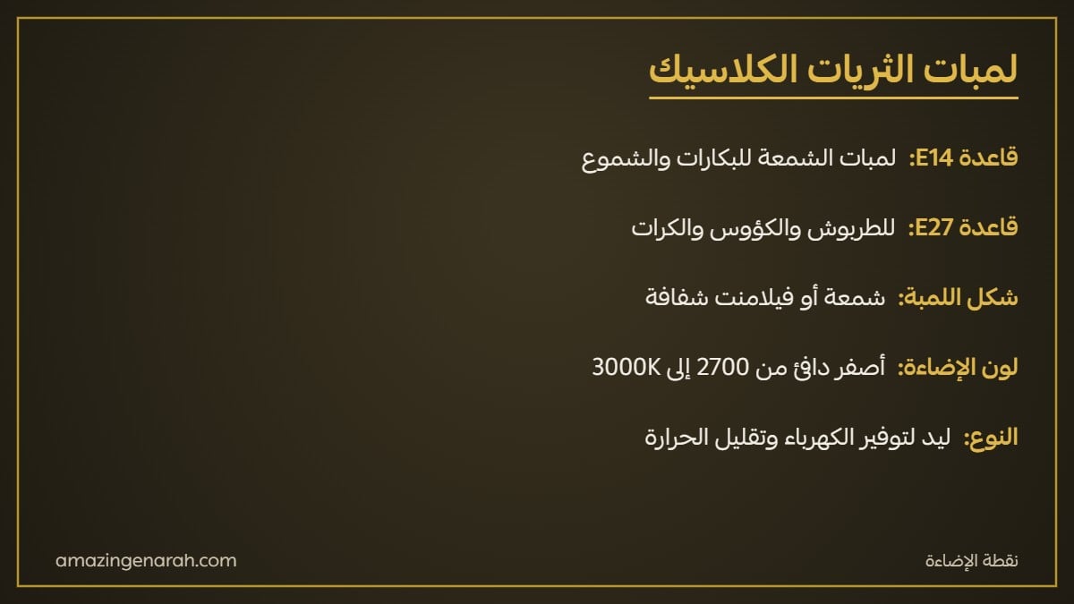 لمبات الثريات الكلاسيك E14 وE27 الشمعة والفيلامنت ولون الإضاءة