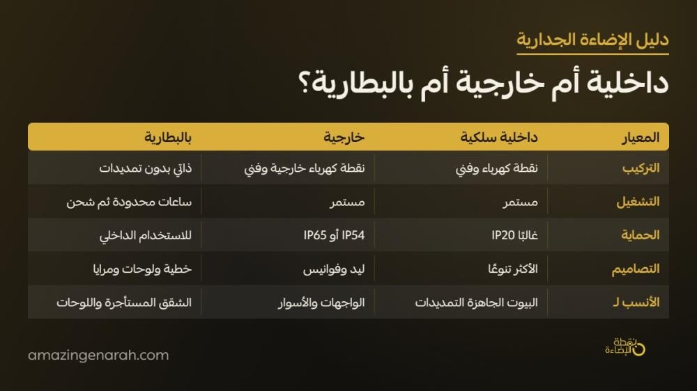 مقارنة الاضاءة الجدارية الداخلية والخارجية والبطارية