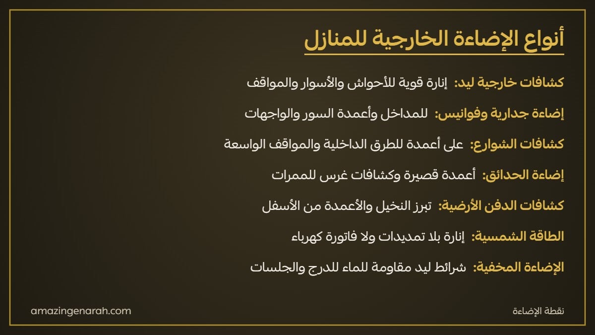 أنواع الإضاءة الخارجية للمنازل كشافات وجدارية وشوارع وحدائق وأرضية وطاقة شمسية
