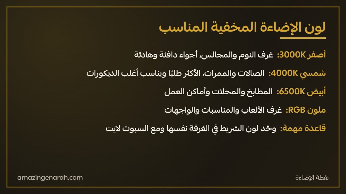 لون الاضاءة المخفية المناسب اصفر وشمسي وابيض وملون