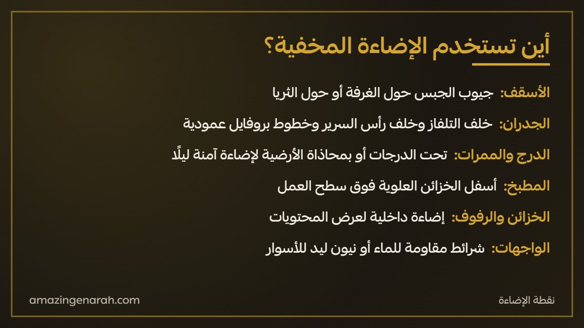 اماكن استخدام الاضاءة المخفية في السقف والجدران والدرج والمطبخ