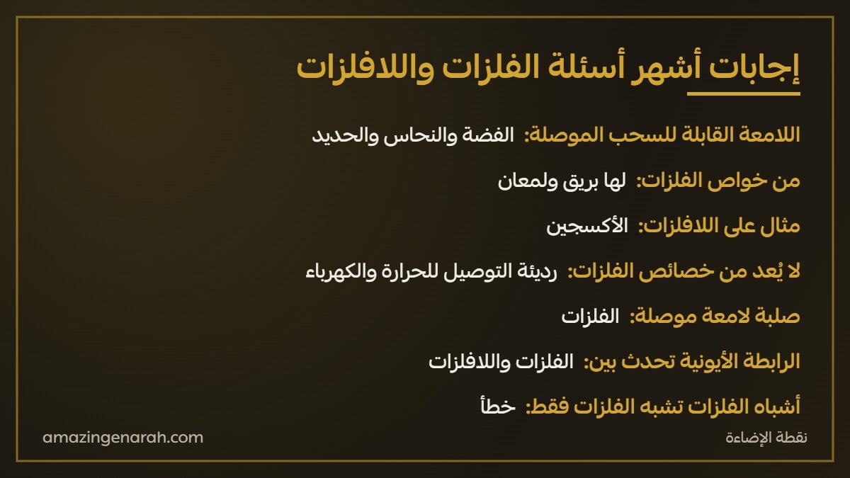 اجابات اسئلة الفلزات واللافلزات من خواص الفلزات ومثال على اللافلزات