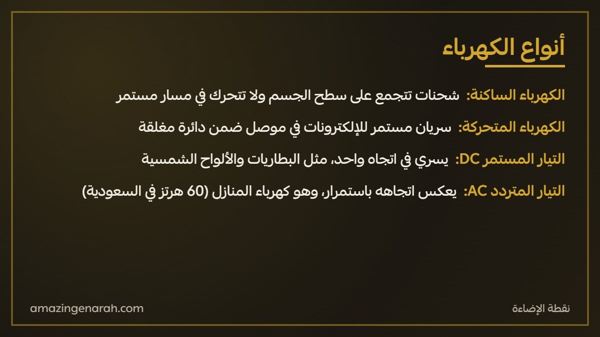 انواع الكهرباء الساكنة والمتحركة والتيار المستمر والمتردد