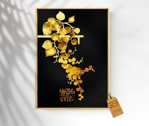 لوحة جدارية تصميم اوراق ذهبية بخلفية سوداء راقية (رقم المنتج RB-2)