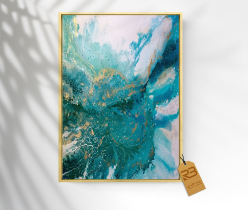 لوحة جدارية تصميم فن تشكيلي للون التركوازي الممزوج بالعروق الذهبية (رقم المنتج RB-4)