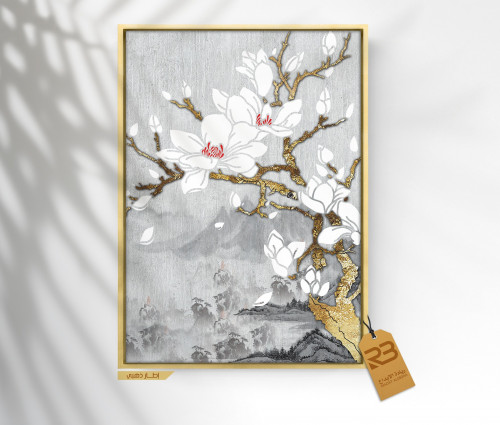 لوحة جدارية تصميم ورد ابيض بعروق ذهبية (رقم المنتج RB-49)