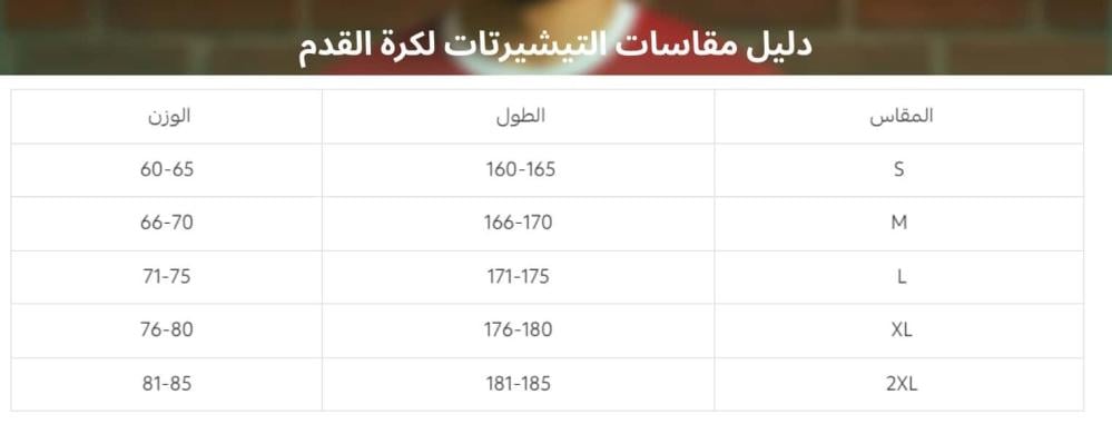 مقاسات التيشيرتات