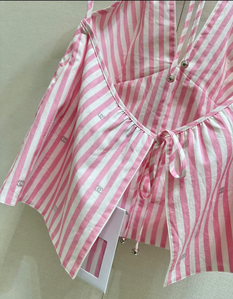 2024 Chanel Pink Striped Open Back Shirt TEBOUGIE