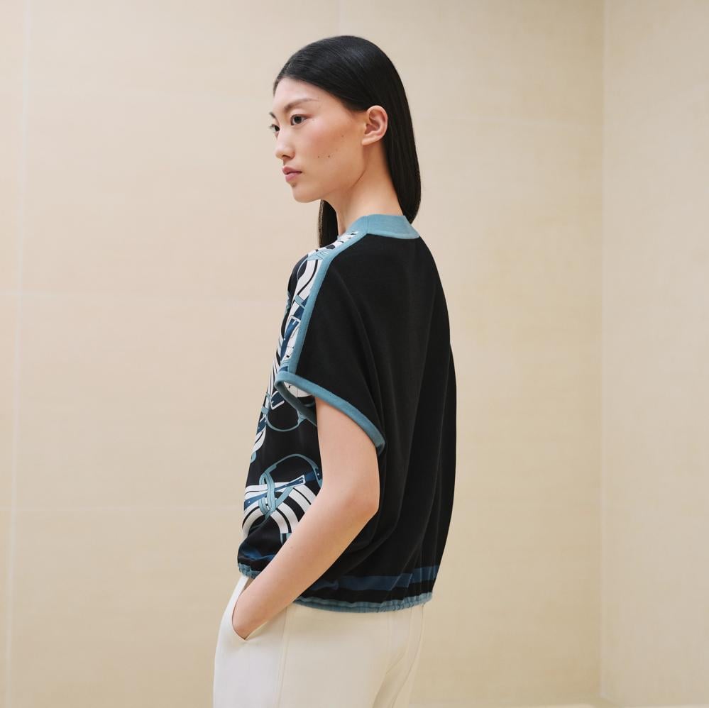 2024 Hermes Short Sleeve Blue Black Silk Wool Patterned Sweater
