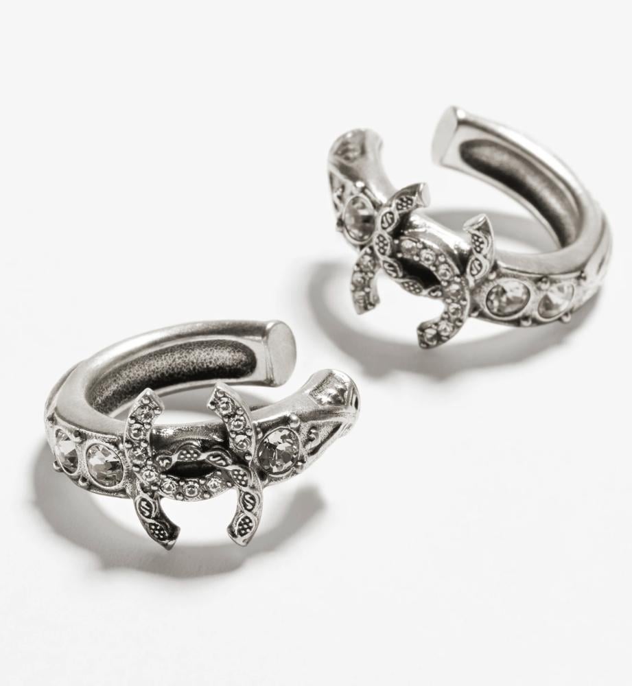 2024 Chanel Crystal Silver Hoop Earrings - TEBOUGIE