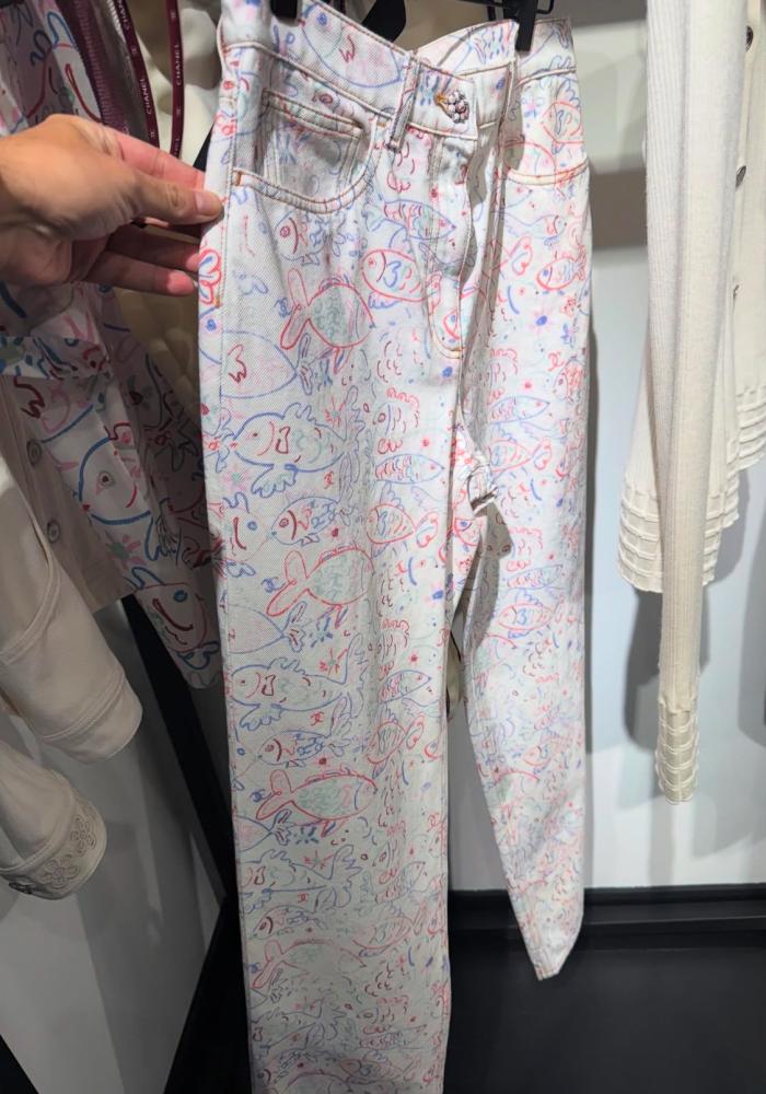 2024 Chanel Faded Denim Jeans with Colorful Fish Print