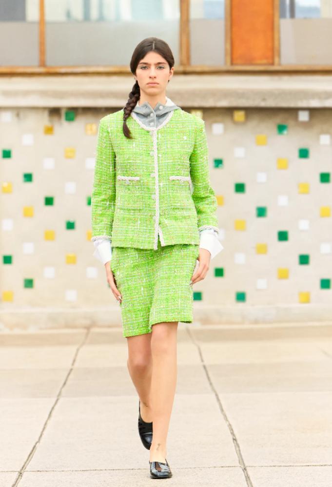 2025 Chanel Jacket Green Tweed Jacket with Grey Hoodie - TEBOUGIE
