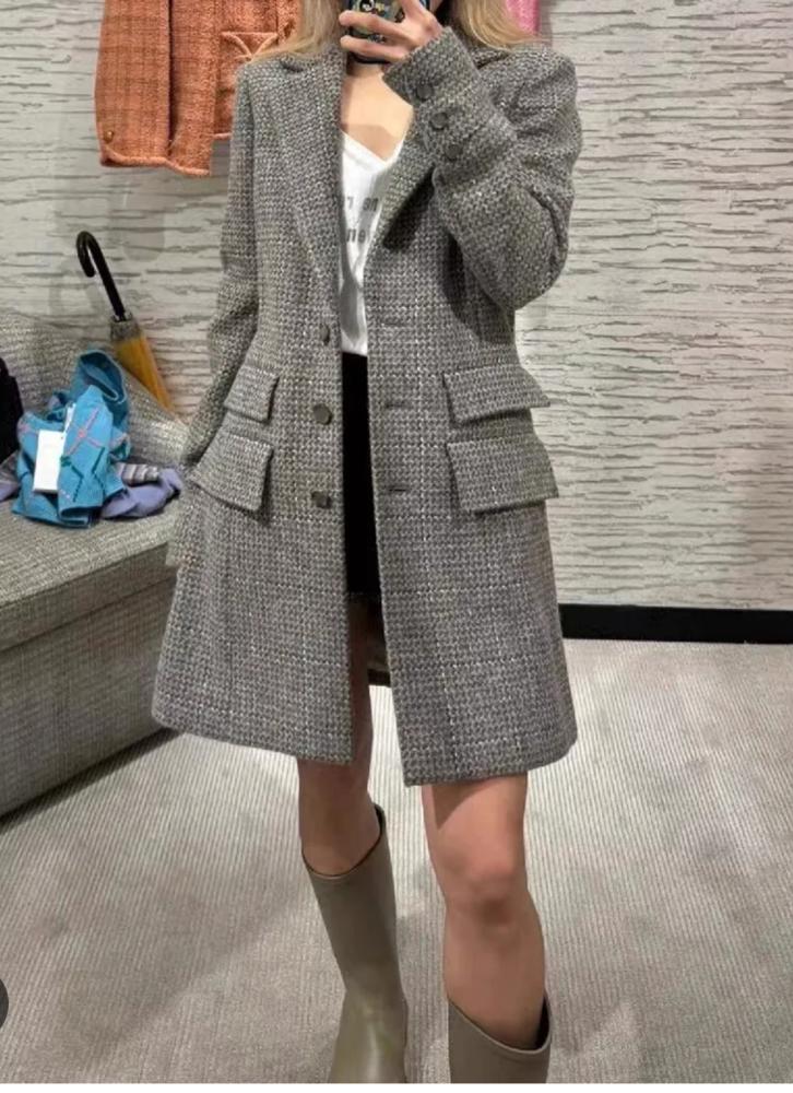 2024 Chanel Wool Tweed Long Coat Grey Jacket - TEBOUGIE