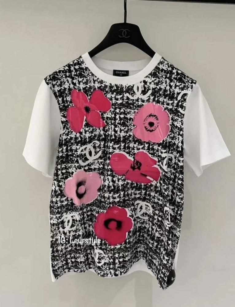 2024 White Cotton Chanel Short Sleeve Printed Shirt