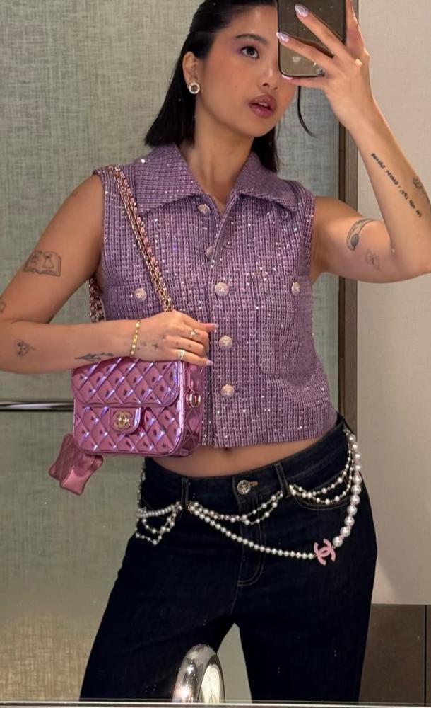 2024 Chanel Ghillie Vest Tweed Glitter Purple Silver - TEBOUGIE