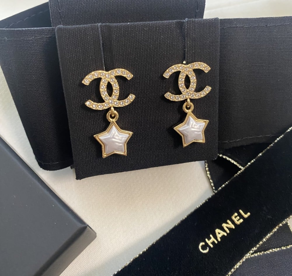 2024 Chanel Gold Crystal Star Pendant Stud Earrings with