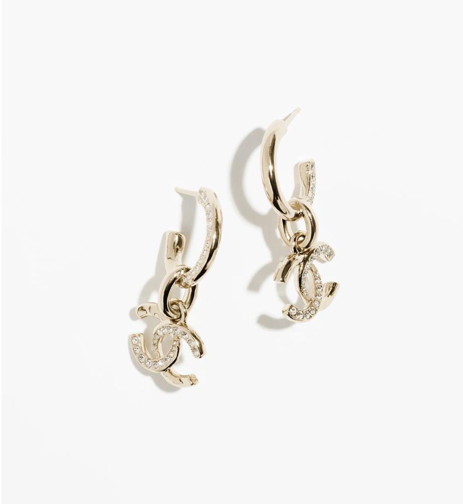 2024 Chanel gold pendant earrings studded with crystals
