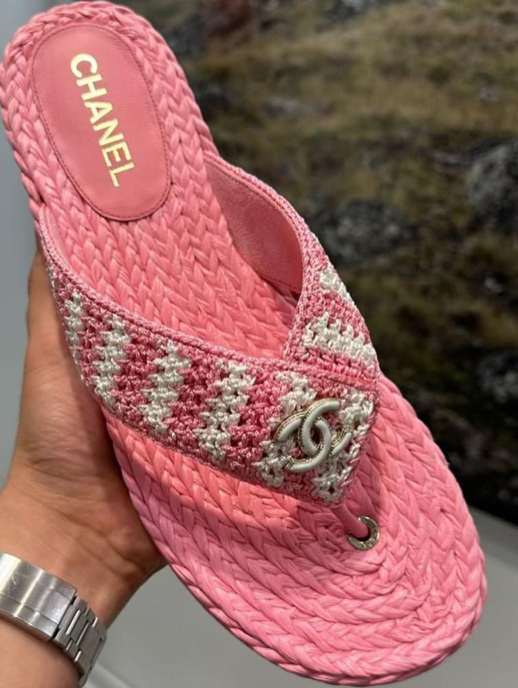 2024 Chanel White Pink Crochet Toe Slippers